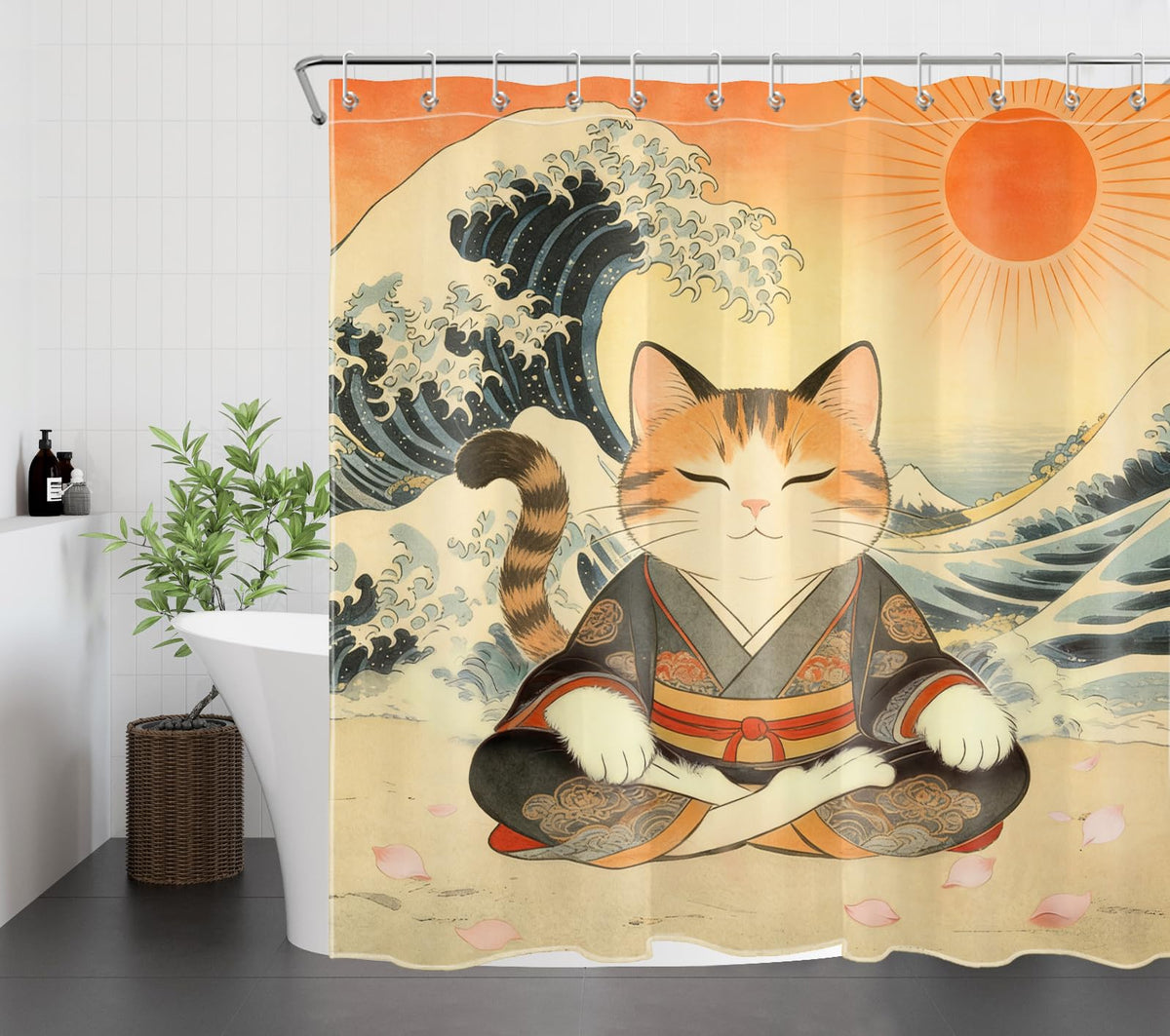 Japanese Cat Shower Curtain for Bathroom (Red / 72"W x 72"L (Pack of 1))