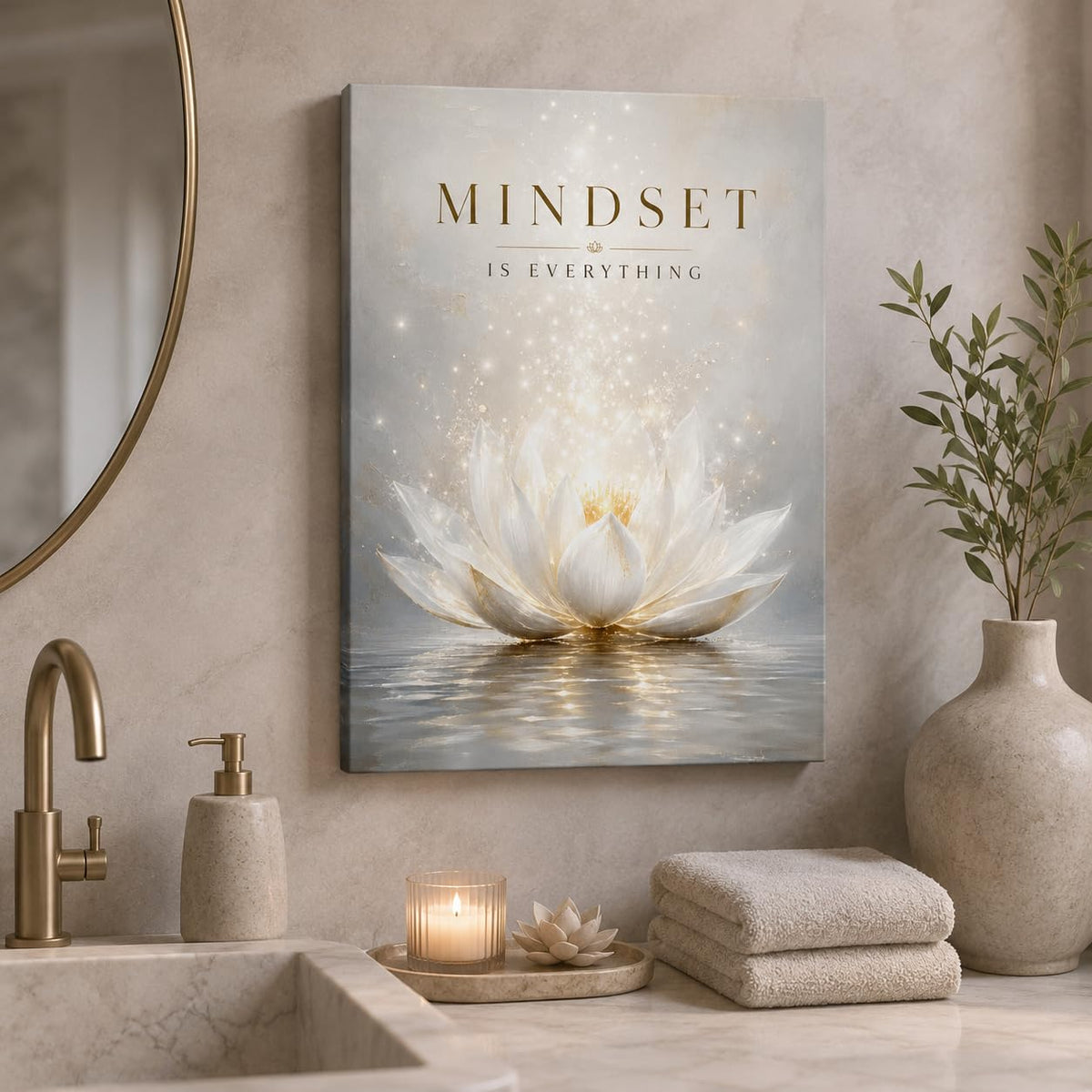 White Lotus Framed Canvas Wall Art Gold Yoga Meditation Decor 12x16 Inches (Mindset Quote / 16"L x 12"W)