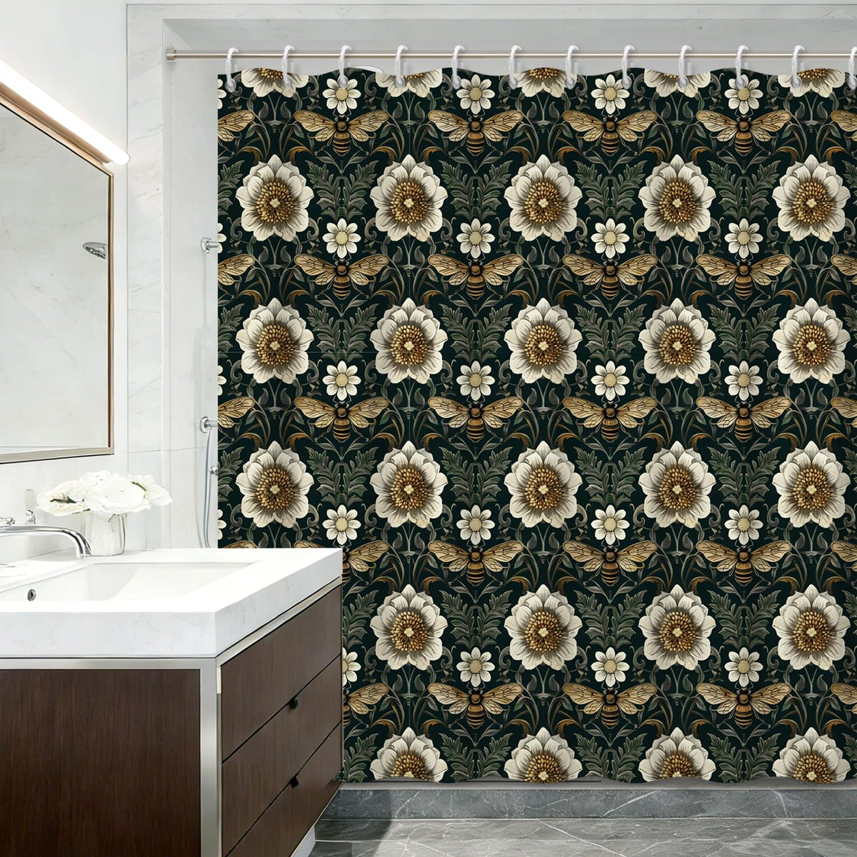 Botanical Shower Curtain with Hooks (Floral & Bees)