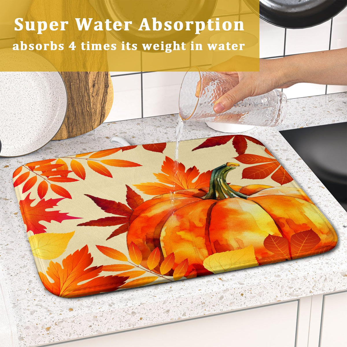 Autumn Pumpkin Maple Leaf Dish Drying Mat for Kitchen Counter (Maple Leaves and Pumpkin230807 / 18" x 24")