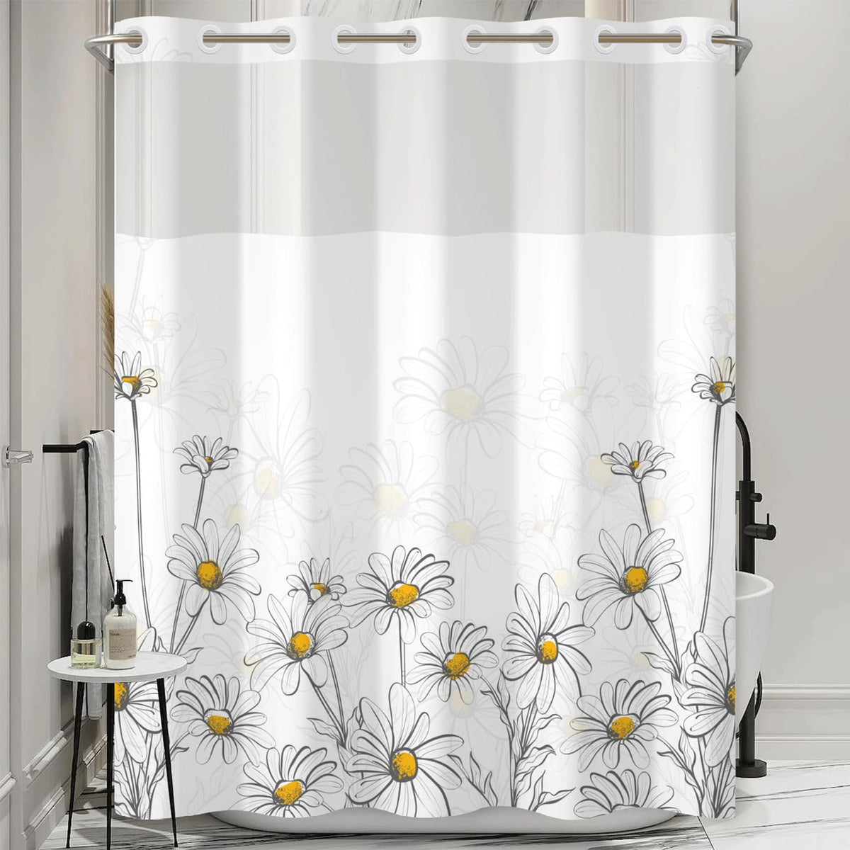 No Hook Shower Curtain with Snap in Liner (Flower-3)
