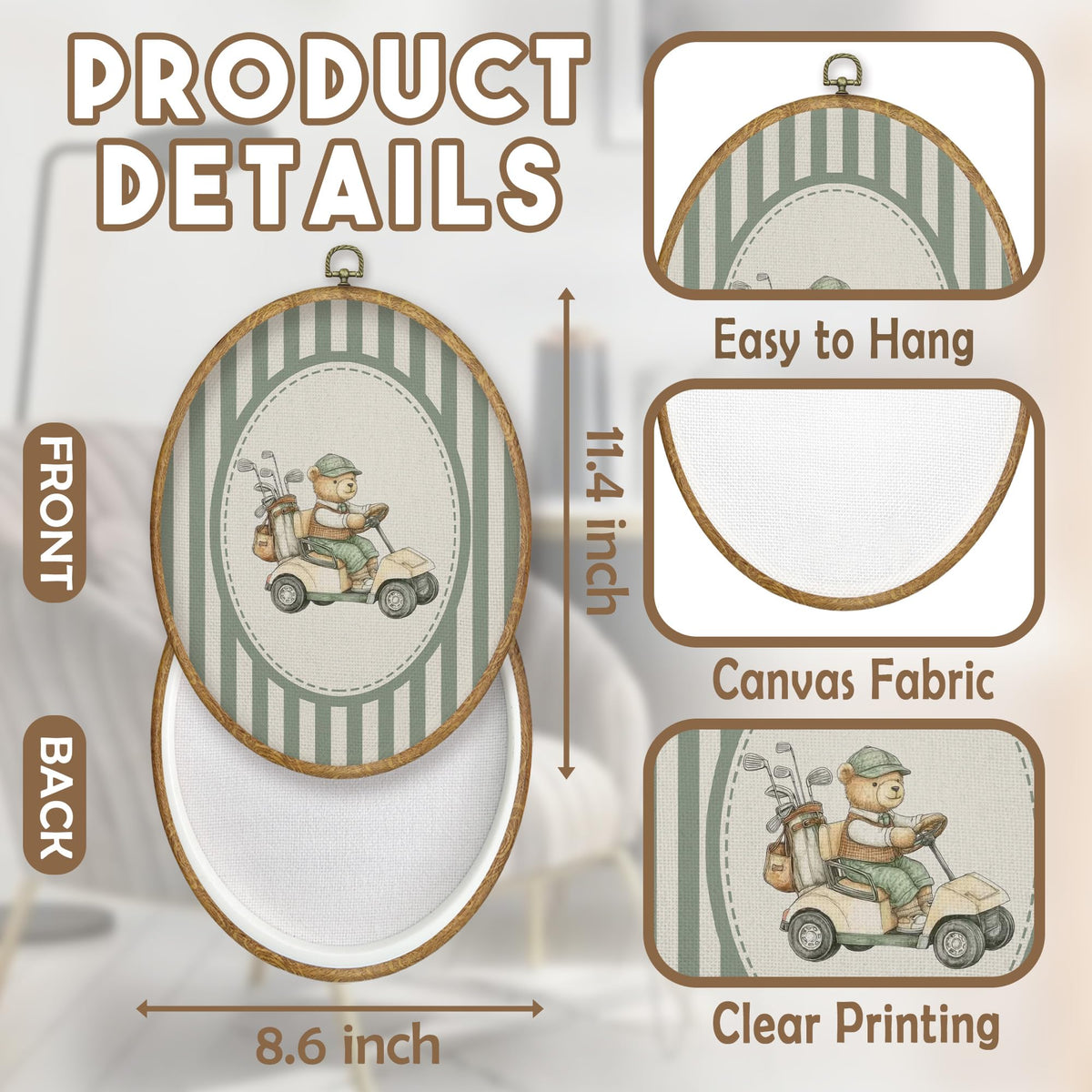 Vintage Golf Bear Nursery Oval Wall Art Decor (Color042)