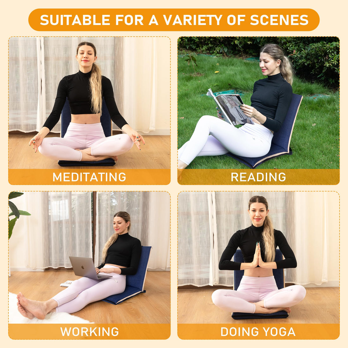 Floor Chair with Back Support Foldable Meditation Seat (Blue & Yellow)