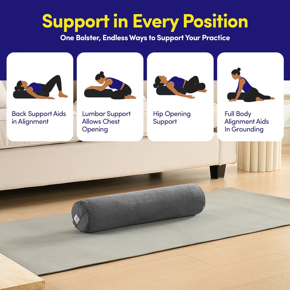 Premium Yoga Bolster Pillow 6″ × 26″ (Gray / Bolster (Filled with EPS Beans))