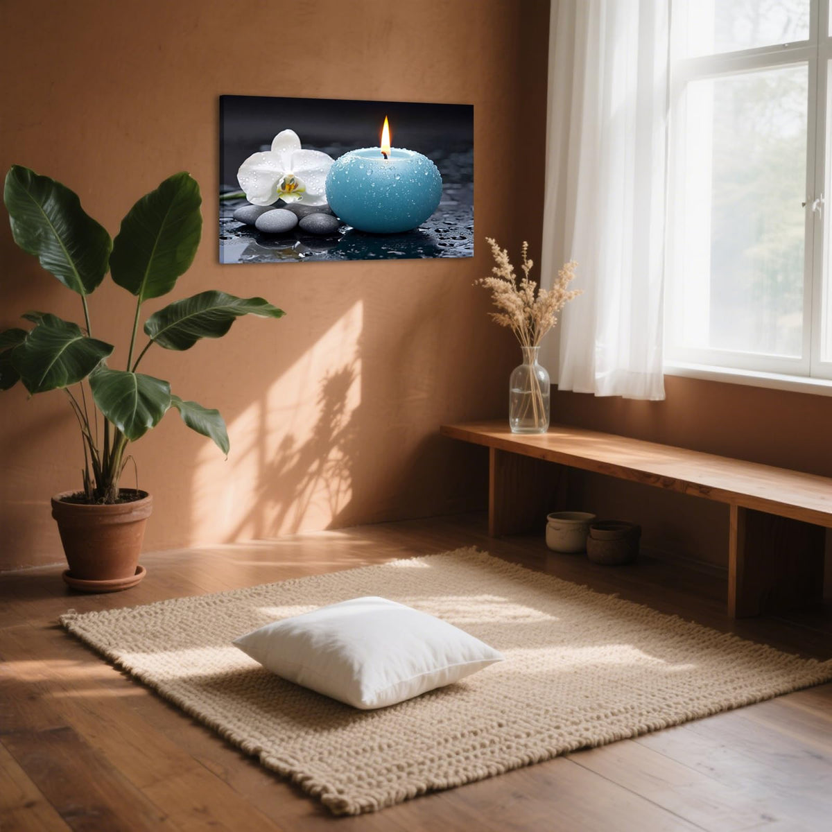 Zen Canvas Wall Art Blue Candle with White Orchid Picture Painting Framed Artwork Poster for Yoga Meditation Room Spa Bathroom Decor (WE000050-3 / 30"L x 20"W)