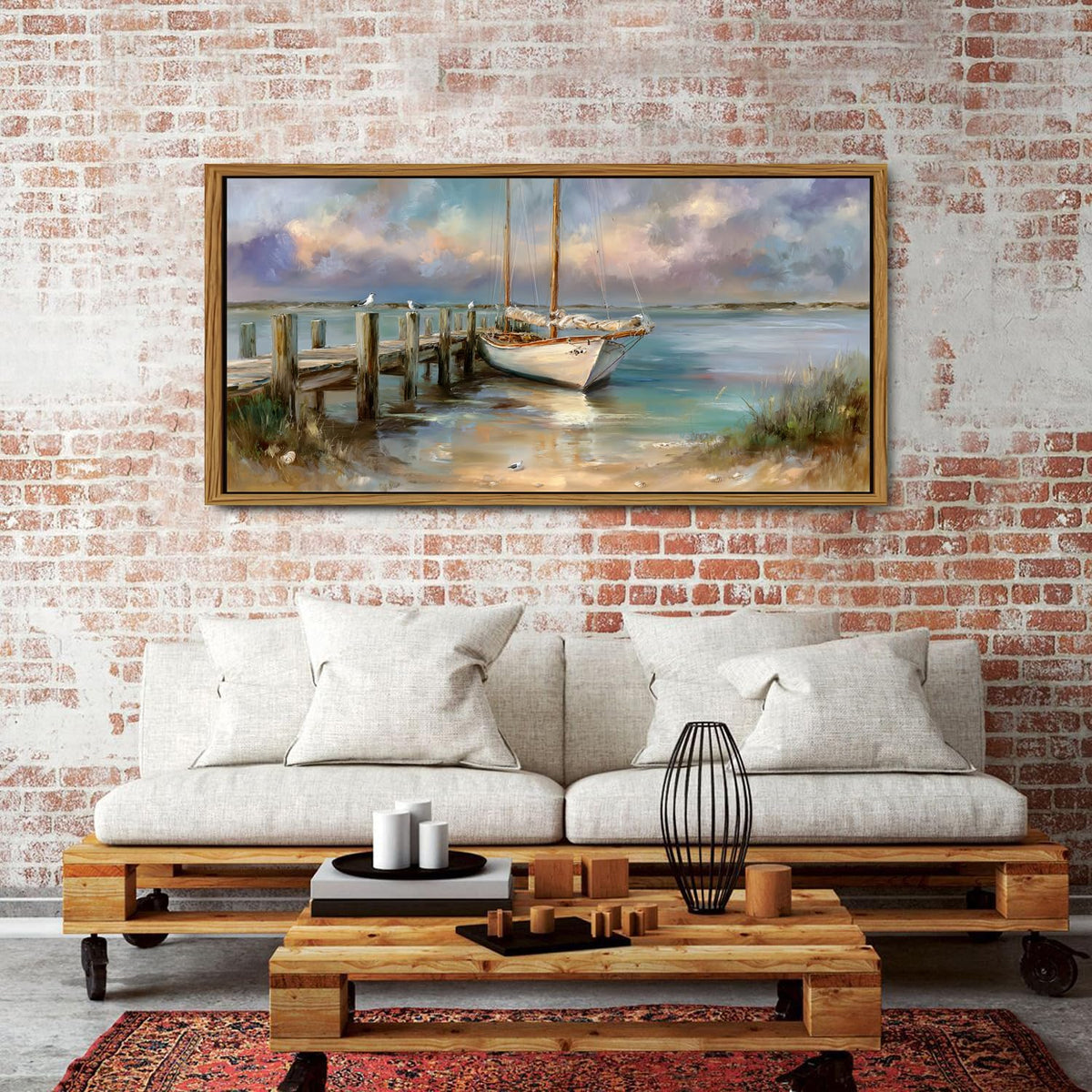Abstract Ocean Framed Wall Art Coastal Room Decor Rustic Beach Rowboat Landscape Picture Canvas Prints for Living Room Cottagecore Decor Seaside Poster Sea View Painting Artwork Home Decoration 30x57.8" (30"L x 57.8"W / Boat)