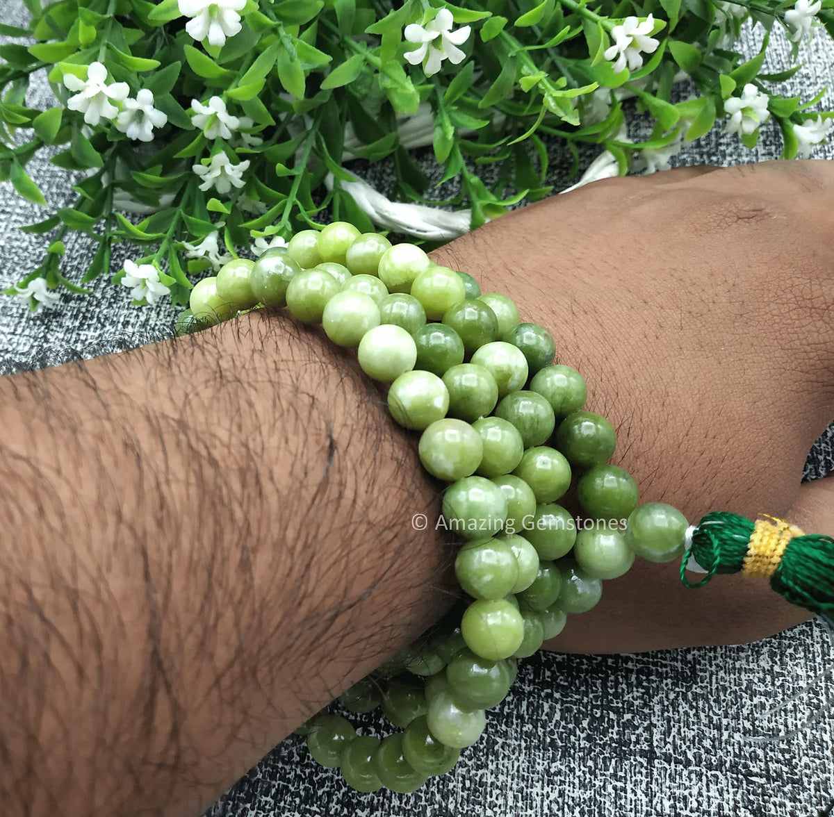 Green Jade Buddhist Prayer Beads Japa Mala with 108 Meditation Beads (Without Knots / Green Jade)