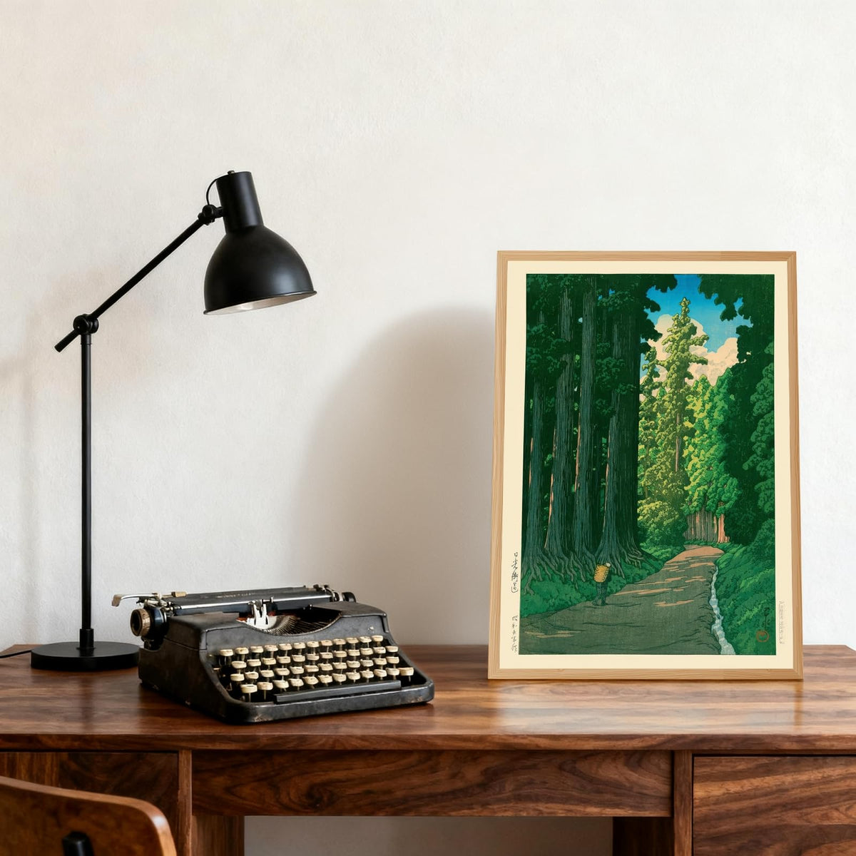 Framed Japanese Forest Wall Art Road to Nikko Canvas Poster Vintage Asian Landscape Nature Painting Prints Janpan Style Garden Ukiyo (24"L x 36"W / Landscape - Wood Frame)