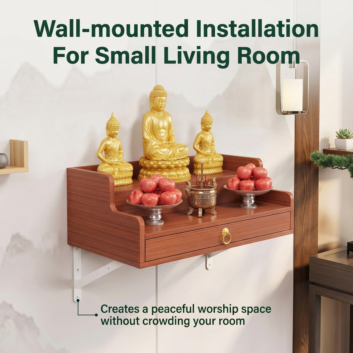 2 Tier Wall Mounted Buddha Altar Shelf with Drawer (Teak / 50CM/19.7IN)