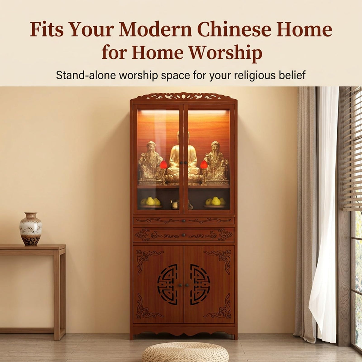 Bamboo Altar Cabinet Temple Altar Table Chinese Buddhist Cabinet with Double Door Storage Buddhist Tables with Drawer for Home Use Personal Meditation Temple for Temples (20.87x12.99x66.93in)