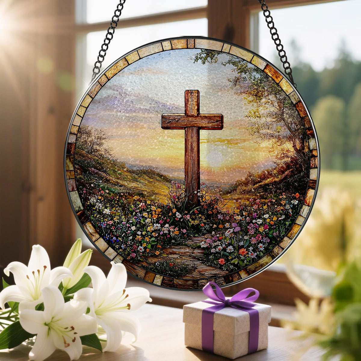 8 Inches Cross Sunset Stained Glass Suncatcher (Cross-a)