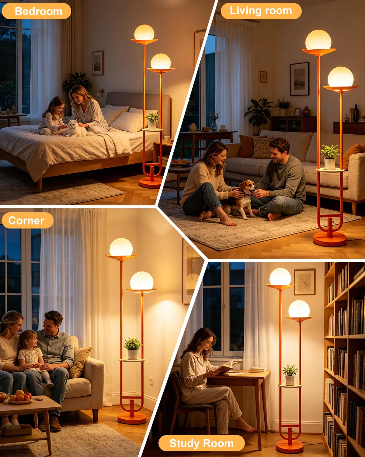 Orange Dimmable Double Globe Floor Lamp with Shelf (Orange-118M)