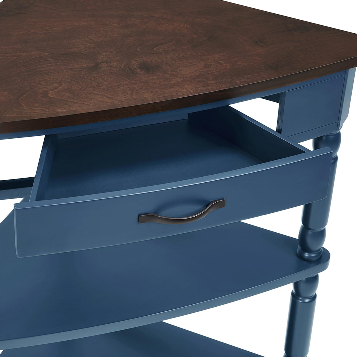 Small Triangle Corner Table Wood Corner Side Tables with Drawer & 2 Open Shelves 3 Tier End Corner Table with Solid Wood Legs for Small Spaces Living Room (33.86"L x 20"W x 34.57"H / Navy Blue)