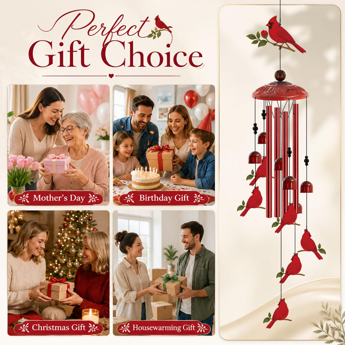 35" Cardinal Wind Chimes for Outside (35"Cardinal)