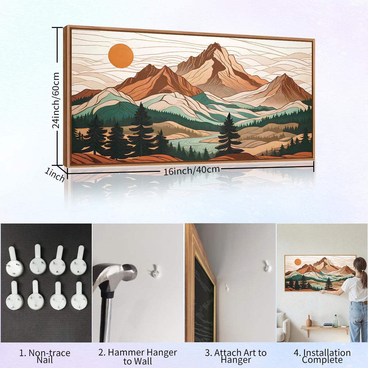 Mountain Framed Canvas Wall Art (Sunrise Forest Woodland Landscape / 40"L x 20"W)