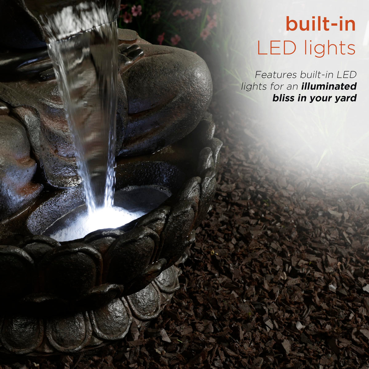 WIN1586 Outdoor Floor Peaceful Buddha Fountain with LED Lights (Brown)