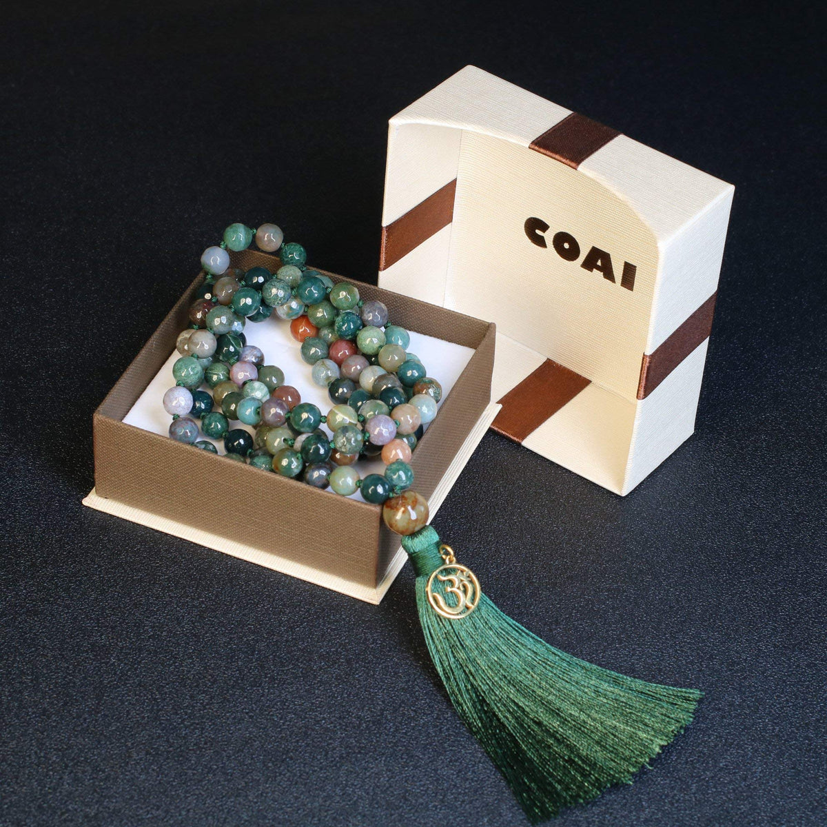 OM Charm Hand Knotted Tassel India Agate 108 Mala Beads Necklace 8mm (8mm / Faceted India Agate)