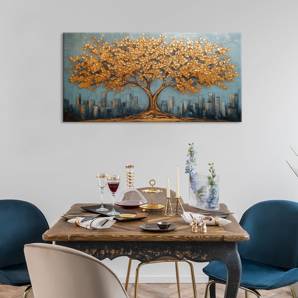 Gold Tree Wall Art for Living Room Office Modern Abstract Golden Urban Nature Minimalist Tree of Life Painting Prints Contemporary Canvas Artwork Dining Bedroom Decor (Modern / Modern Golden Tree of Life Wall Art / 40L" x 20W")