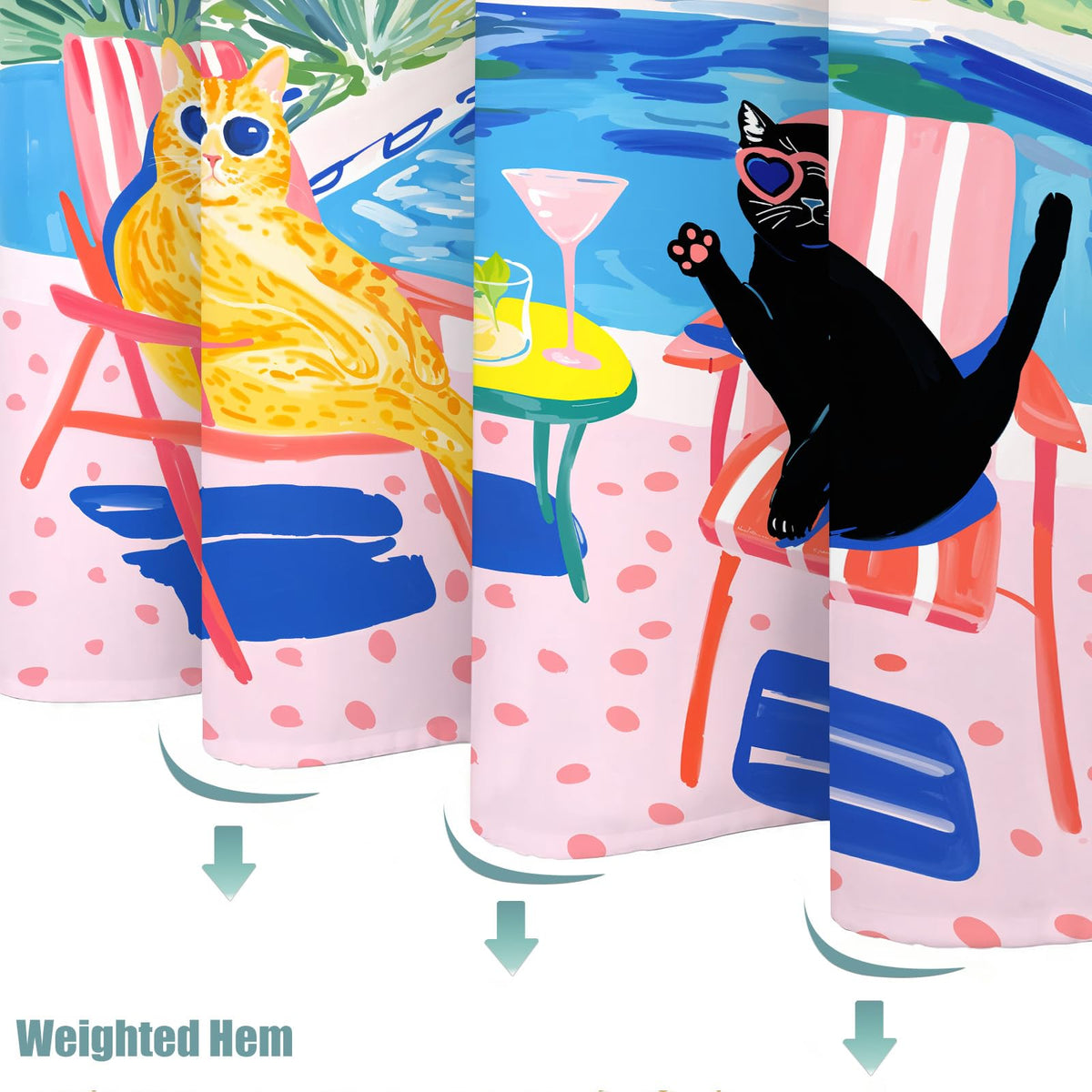Poolside Cats Shower Curtain Set Relaxing Evening Scene Waterproof Bathroom Shower Curtain Tropical Drink Print Leisure Home Decor 72x72 Inch (72"W x 72"L (Pack of 1) / Porcelain White)