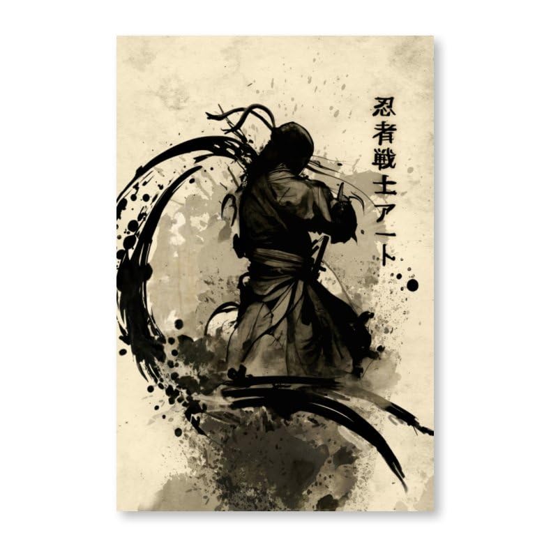 Ink Samurai Art bushido Posters Canvas Painting Wall Art Japanese Style Posters And Prints Retro Pictures Living Room Bedroom Decor Framed 16"X24" (24L" x 16W" / Frame-7)