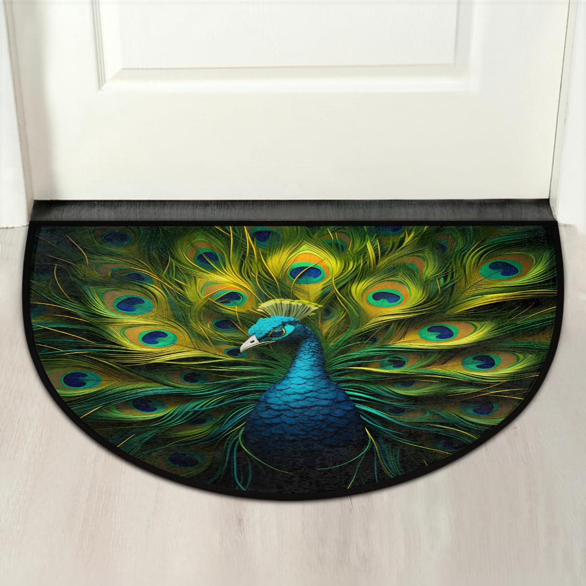 Half Round Door Mat Green Peacock Non Slip Semi Circle Doormat (Green Peacock)