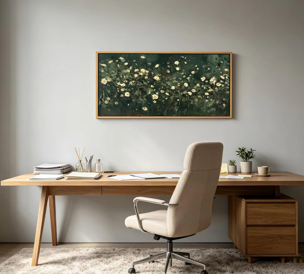 Large Abstract Floral Wall Art Dark Green White Botanical Wildflower Wall Decor Emerald Green Wildflower Painting for Living room Balcony Hotel Entryway Bedroom Home Decoration (Green Flower / 48"L x 24"W)