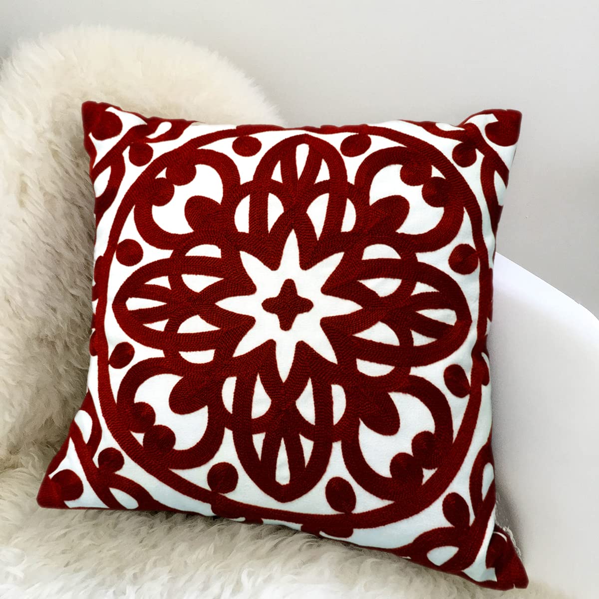 Boho Embroidered Throw Pillow Cover 18"x 18" Set of 2 (Burgundy Red / 18" x 18" (Pack of 2))