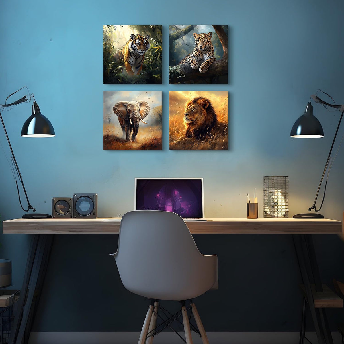 Wild Animal Lion Wall Art Wildlife Safari Wall Decor for Nursery Vintage African Elephant Canvas Pictures Tiger Panther Posters Jungle Forest Animals Paintings Artwork Living Room Decoration 12x12" 4P (12"L x 12"W / Wild Animals)