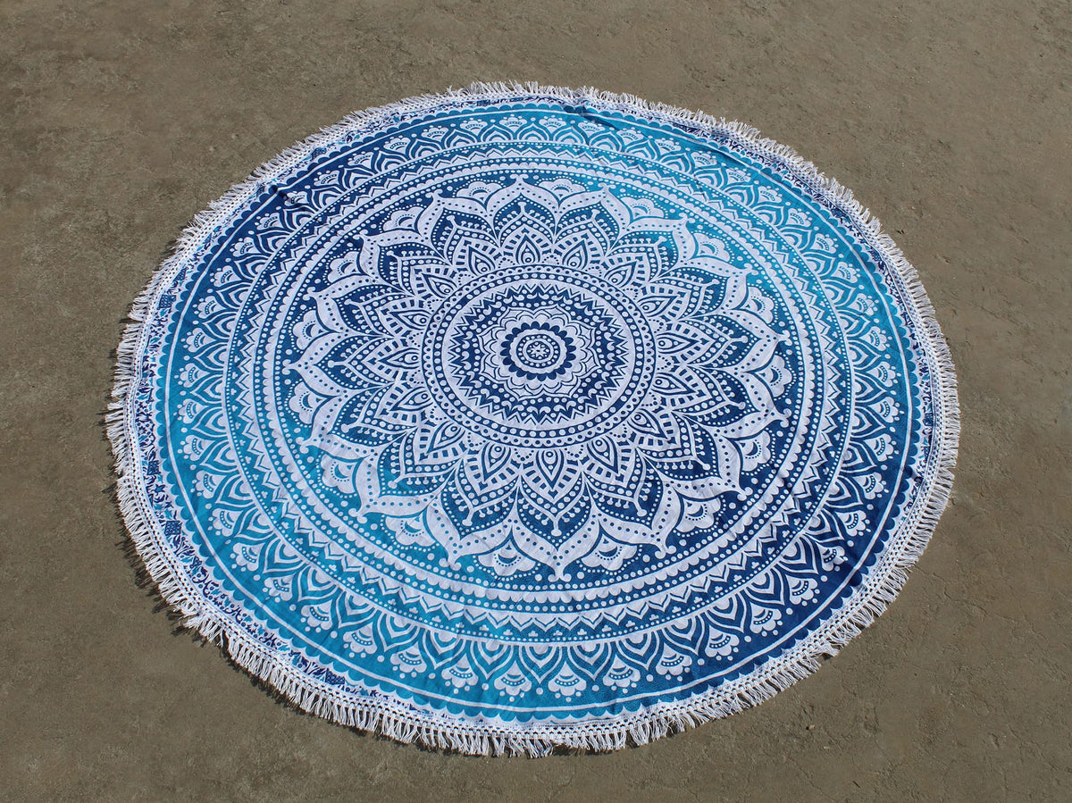 Round Beach Tapestry Turquoise Mandala Throw (3'6" (Round) / Blue and White)