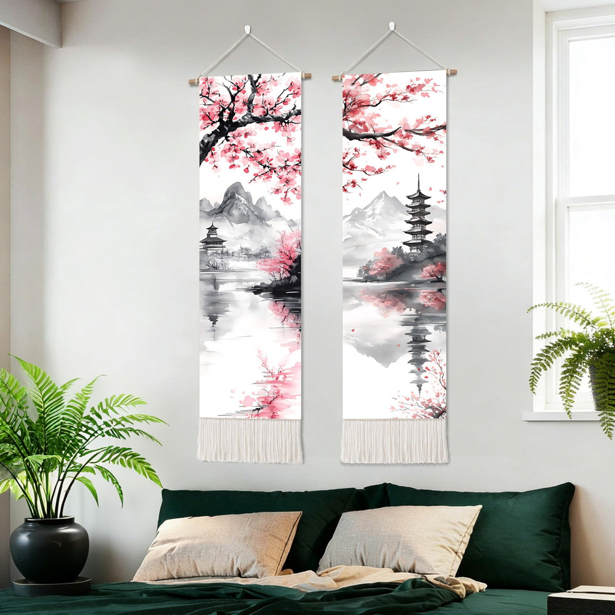 2 Pack Long Vertical Wall Tapestry (Blossom Ink Landscape / 13"Wx51"H)