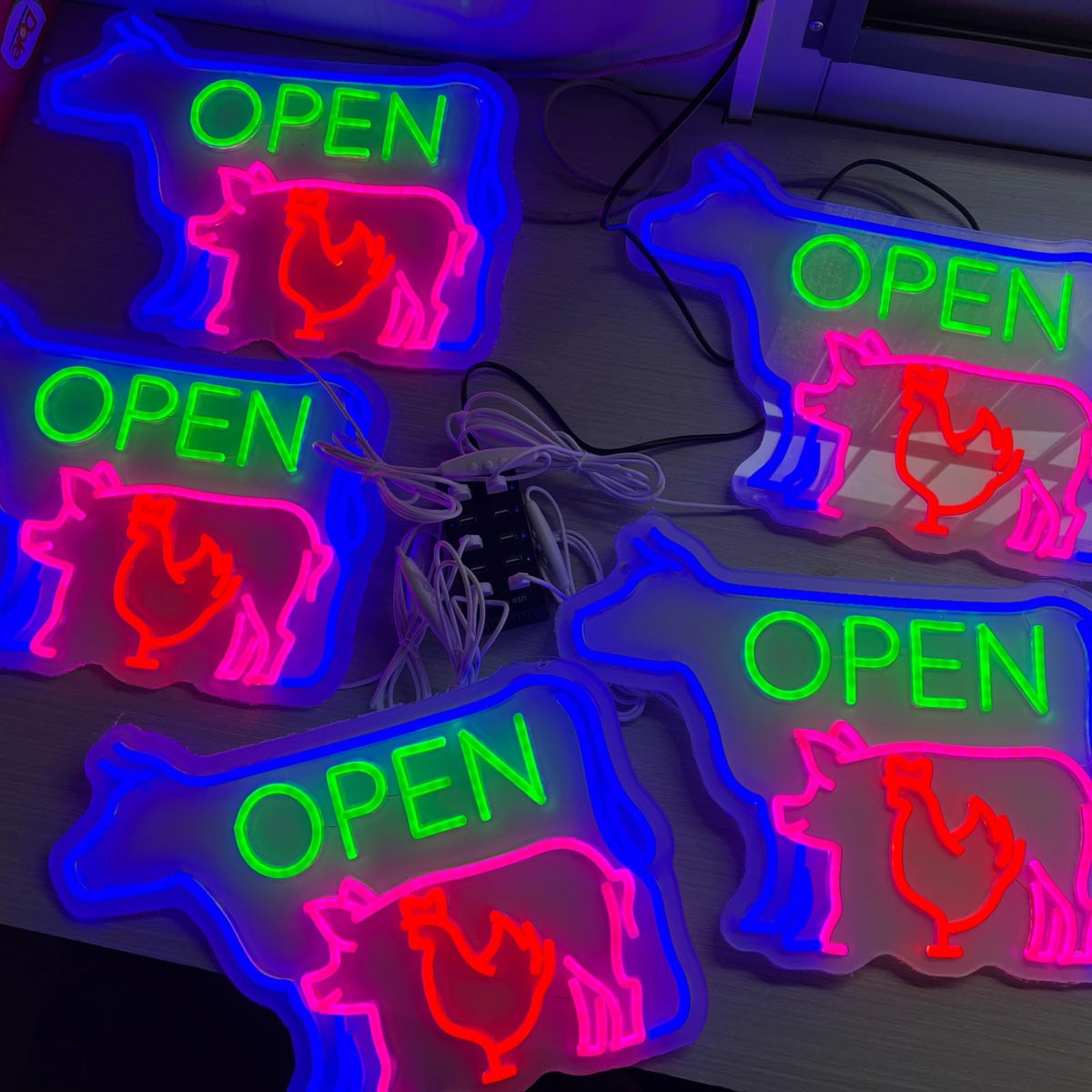 BBQ Open LED Neon Sign Farm Animal Butcher Shop Wall Decor (BBQ OPEN)