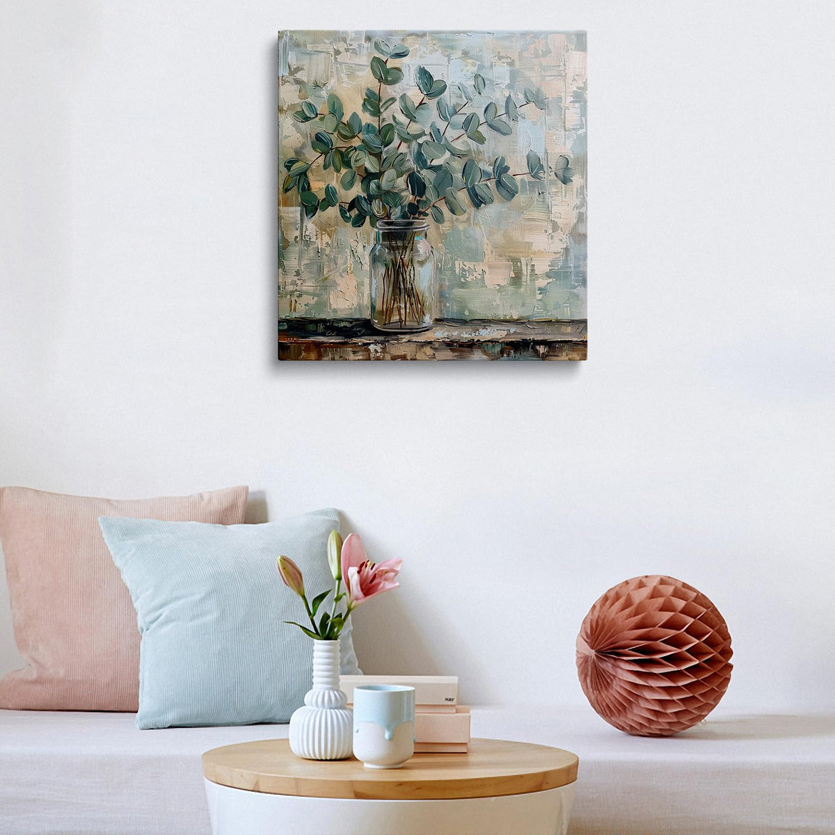 Botanical Canvas Wall Art Framed Eucalyptus Vase Neutral Decor 14x14 Inch (Eucalyptus Vase / 14"L x 14"W)