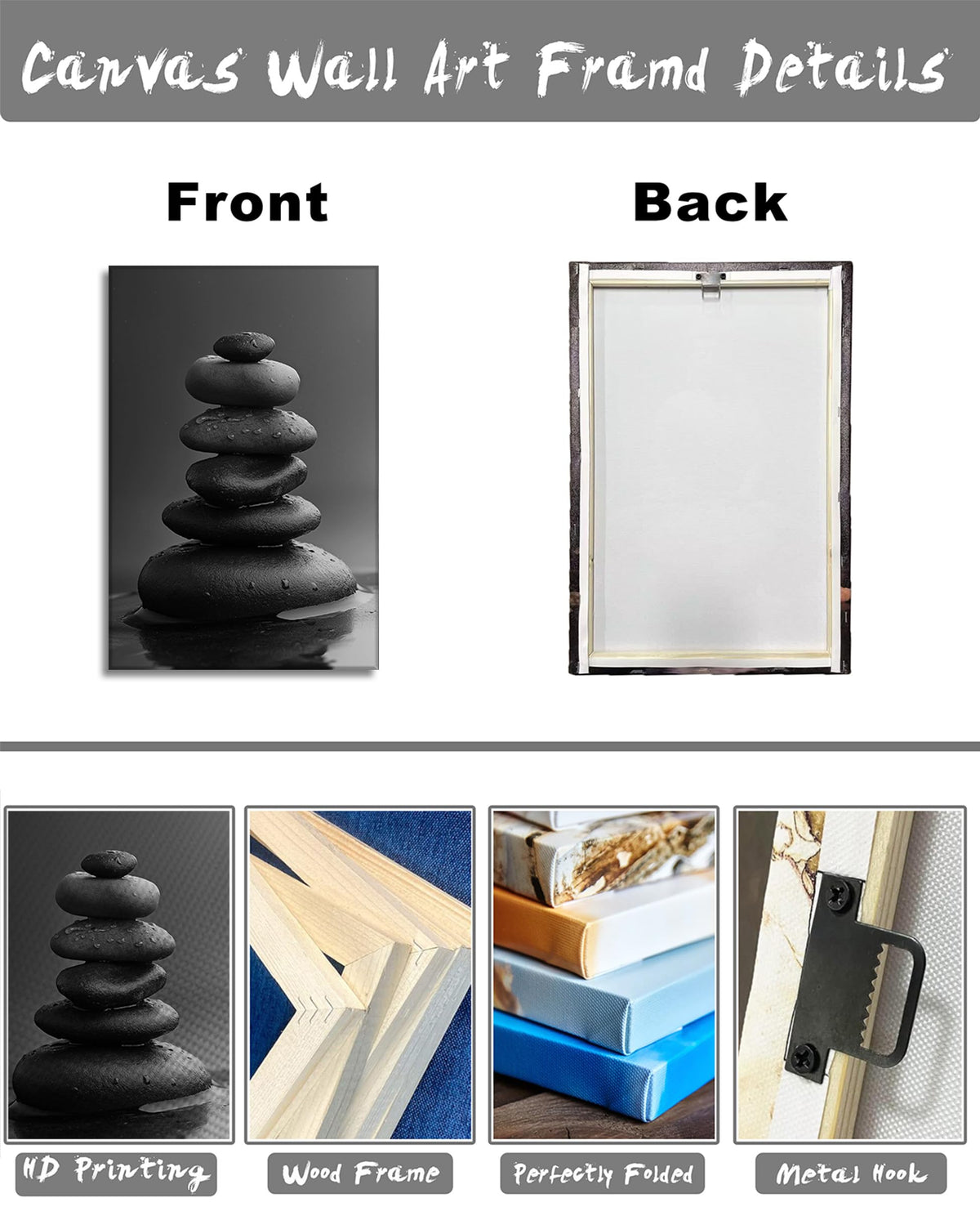 Zen Wall Art Bathroom Decor Black and White Canvas Prints Spa Stones on Water Picture Relax Artwork for Living Room Bedroom Home Office Decor Frmaed (Zen-2 / 36"L x 24"W)