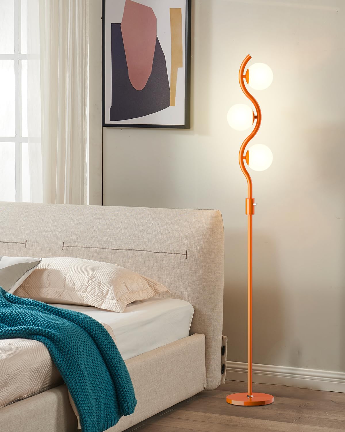 3 Globe Dimmable Floor Lamp Orange Mid Century Modern Standing Lamp with 3PCS 3000K Bulbs Included Stepless Brightness Adjustable Stable Base for Living Room (Orange-3S)