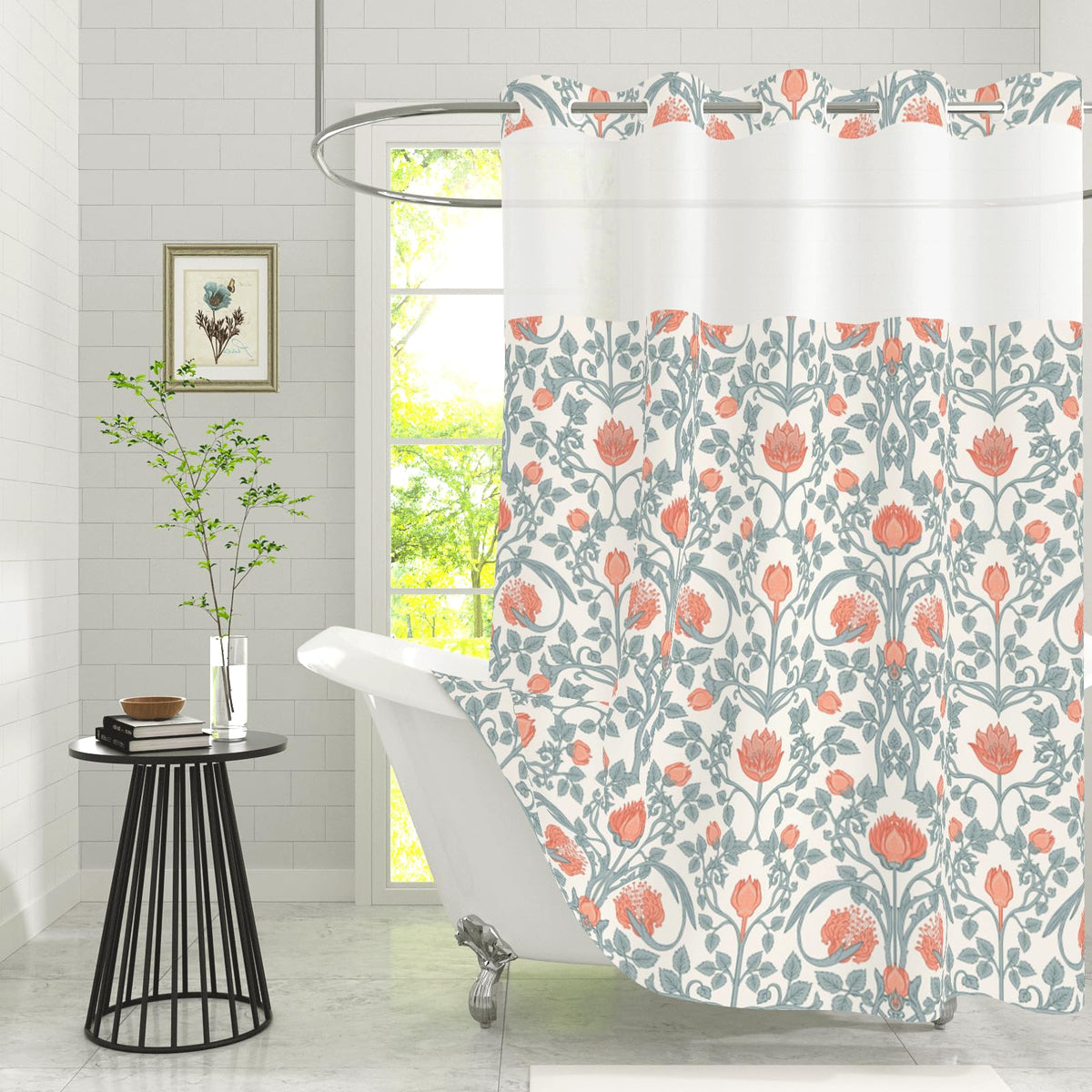 Floral Shower Curtain with Snap in Removable Liner (Retro Floral)
