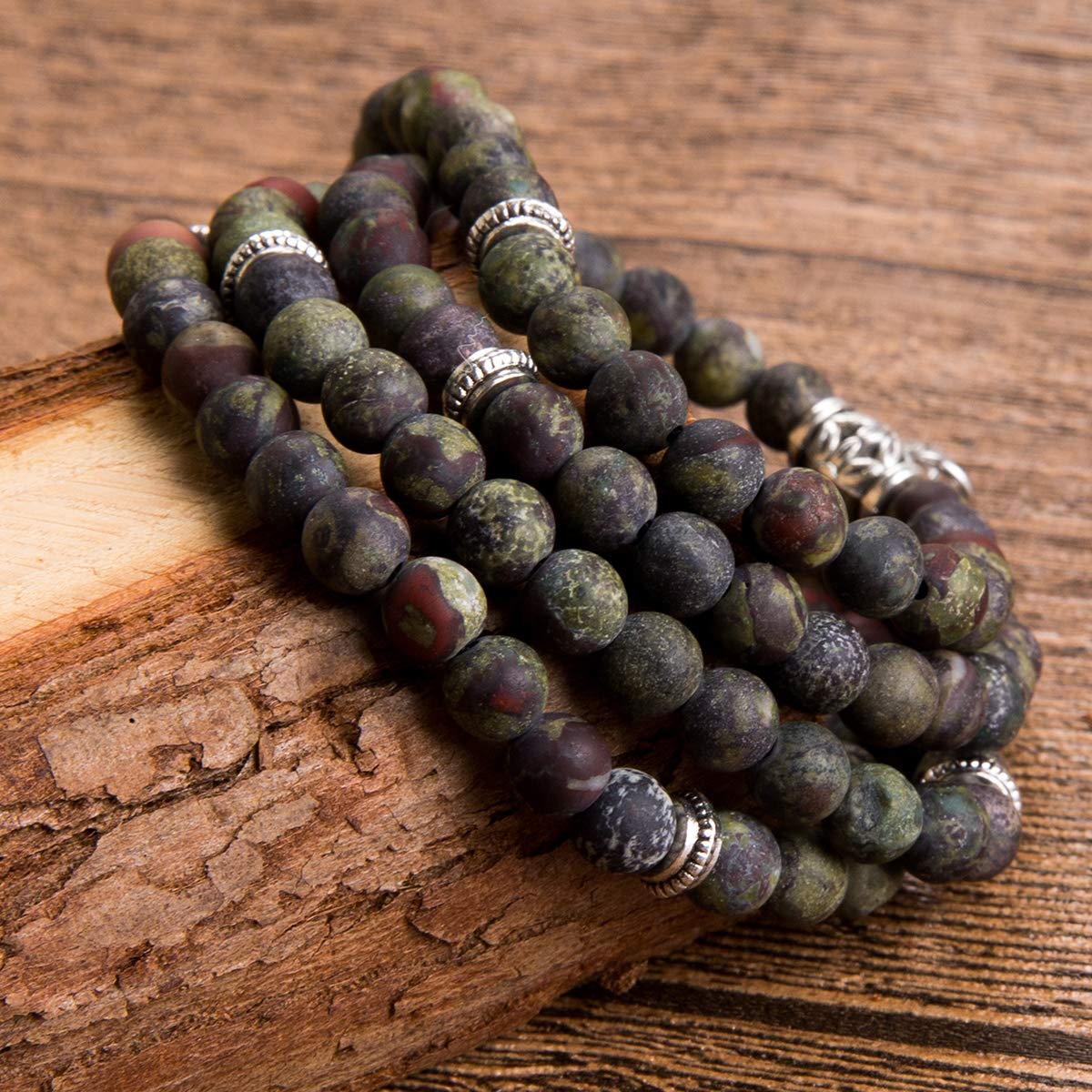 108 Mala Beads Necklace Beaded Wrap Bracelets Genuine Gemstone Mala Prayer Beads Lotus Charm Yoga Meditation Necklace (Bloodstone-Lotus OM-Buddha)