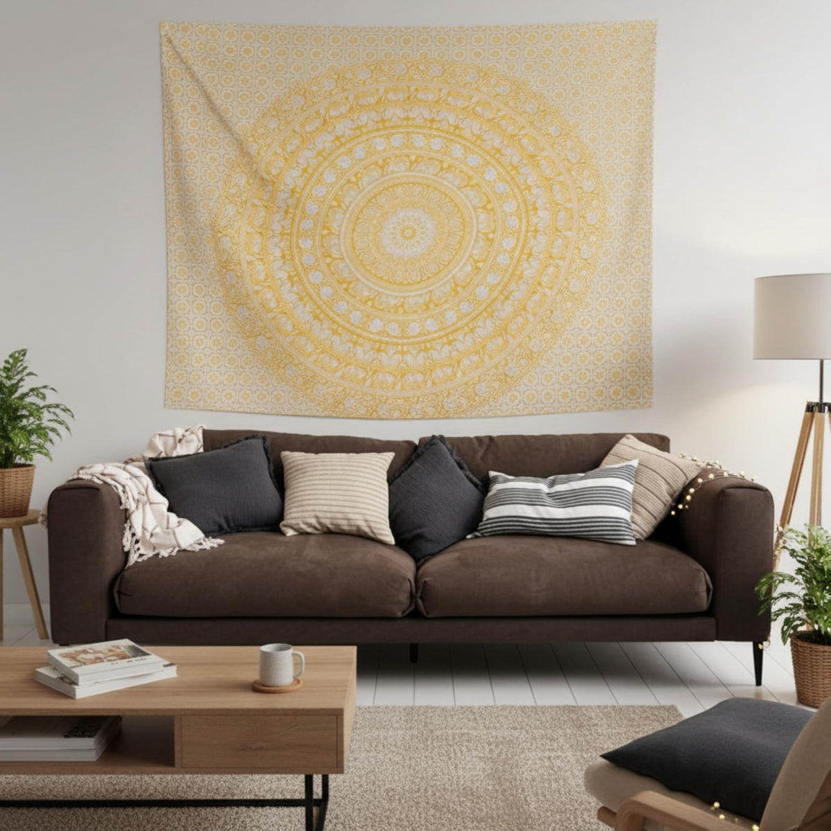 Cotton Mandala Tapestry (Yellow / 50"L x 60"W)