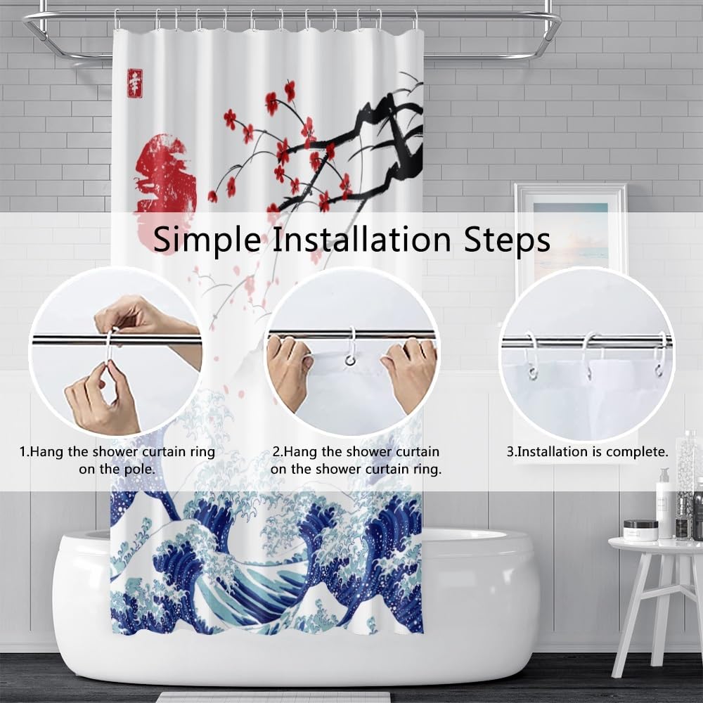 Traditional Japanese Painting Shower Curtain Kanagawa Great Wave Shower Curtain Red Sun Cherry Blossom Japanese Mountain Scenery Bathroom Curtains Waterproof Polyester Fabric with Hooks 54x72 Inch (54"W x 72"L (Pack of 1) / Blue-28)
