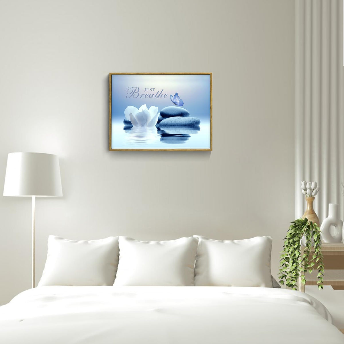 Floral Zen Framed Wall Art for Living Room Just Breathe Flower with Blue Butterfly Framed Canvas Wall Art Spiritual Water Lily Relaxing Canvas Paintings Spa Yoga Office Wall Decor (12"L x 17"W / Blue)