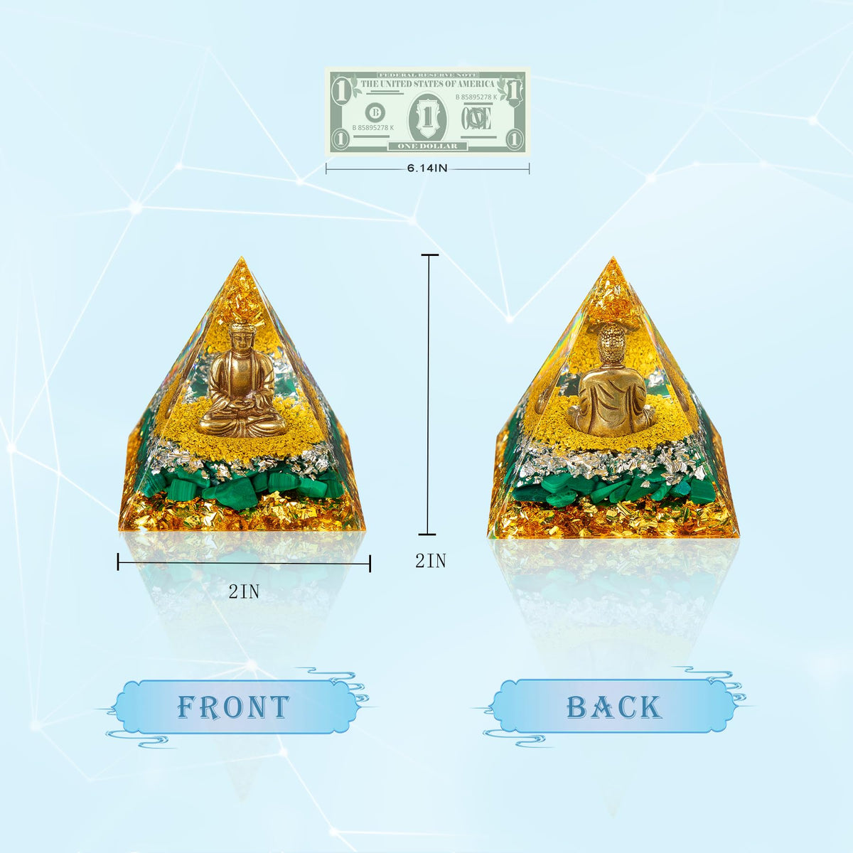 Little Buddha Statue in Healing Crystal Organite Pyramid (Green / Small)