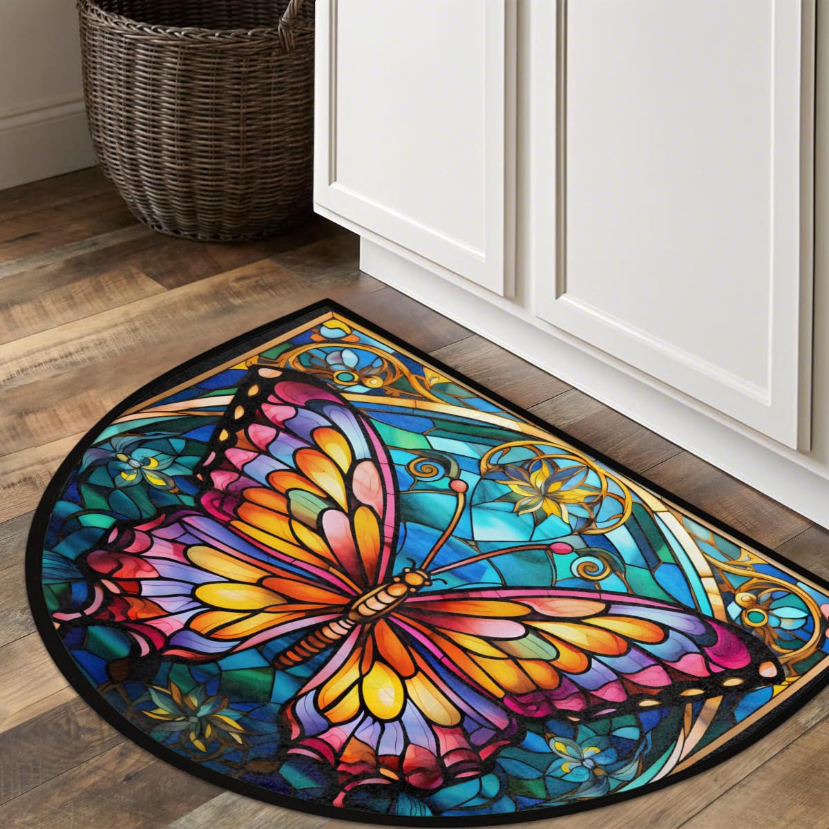Half Round Doormat Butterfly Glass Semi Circle Rug Non Slip Indoor Outdoor Entrance Half Moon Rug Washable Front Floor Mat for Kitchen Bathroom Patio Fireplace Holiday Decor (A05:glass Butterfly)