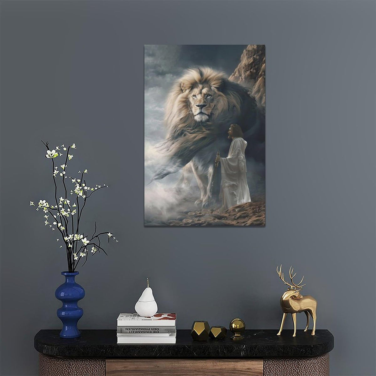 Jesus And Lion Wall Decor Christian Lion of Judah Pictures Christ Religious Canvas Wall Art God Painting Home Modern Artwork Framed for Church Living Room Bedroom Bathroom Office 16 x 24 inch (24"L x 16"W / Lion Jesus)