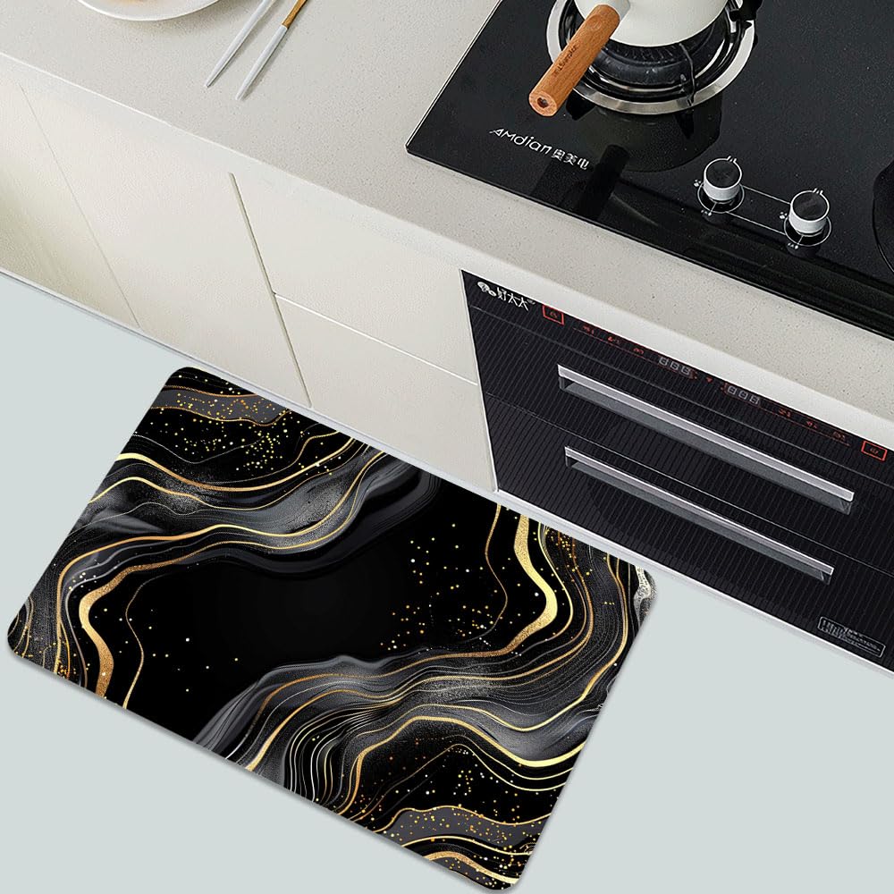 Bath Mat Bathroom Rug (Black and Gold Abstract Marble- / 20 x 31 inches)
