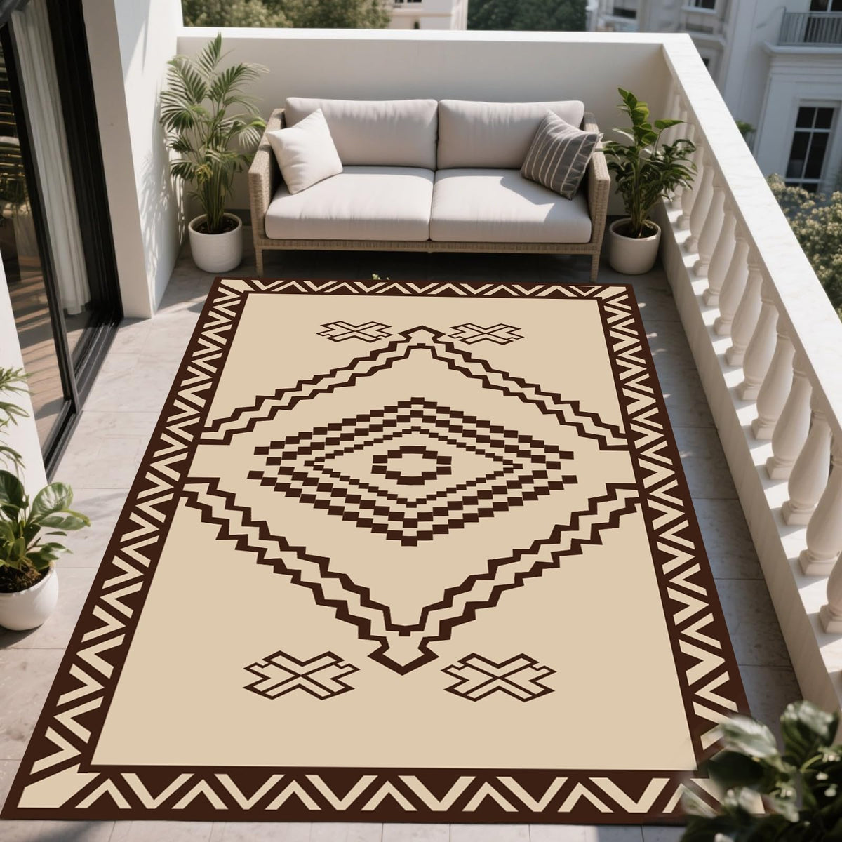 Beige Brown Geometric Rug 5x8 FT Defines Space Mat for Patio Deck Camping (Del Diamond / 5x8 Feet)