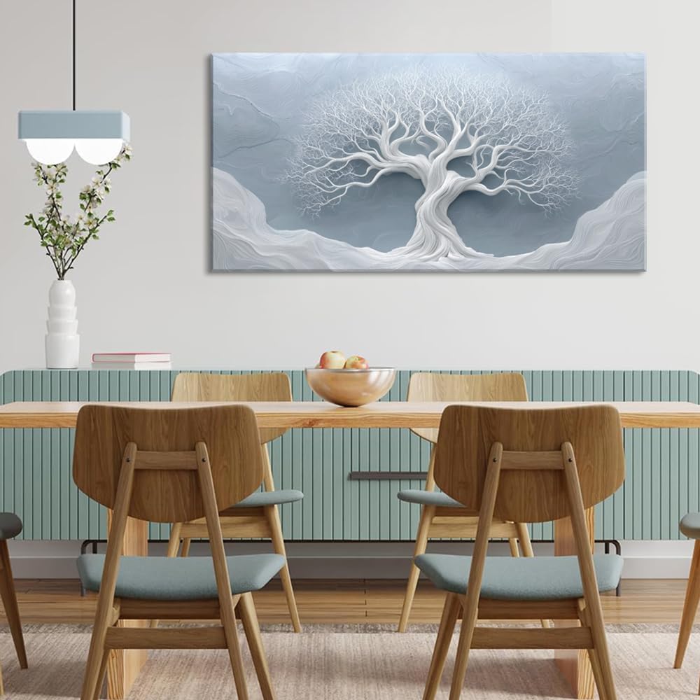 White Tree Wall Art for Living Room Office Natural Minimalism Minimalist Art Abstract Geometric Tree of Life Painting Prints Contemporary Canvas Artwork Dining Bedroom Decor Large (Contemporary / White Bare Tree Wall Art / 46L" x 23W")