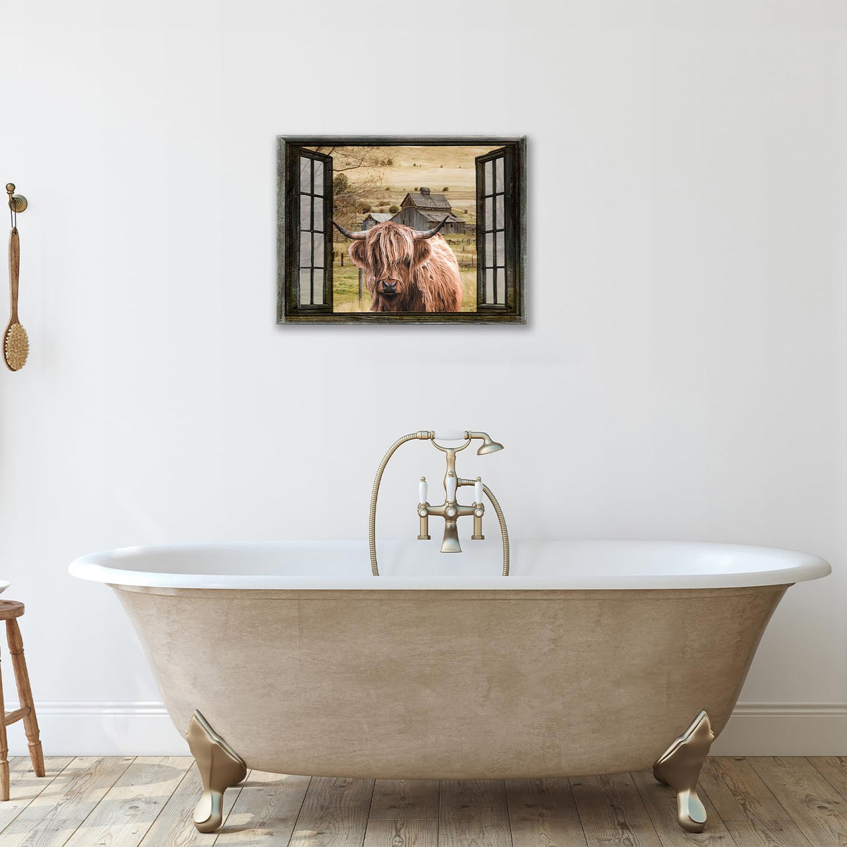 Highland Cow Wall Art Rustic Window Highland Cow Pictures Wall Decor Farmhouse Country Barn Canvas Prints Decorations Painting Artwork Office Home Decor For Bathroom Bedroom Dining Room 20L" X 24W" (Highland Cow / 20"L x 24"W)