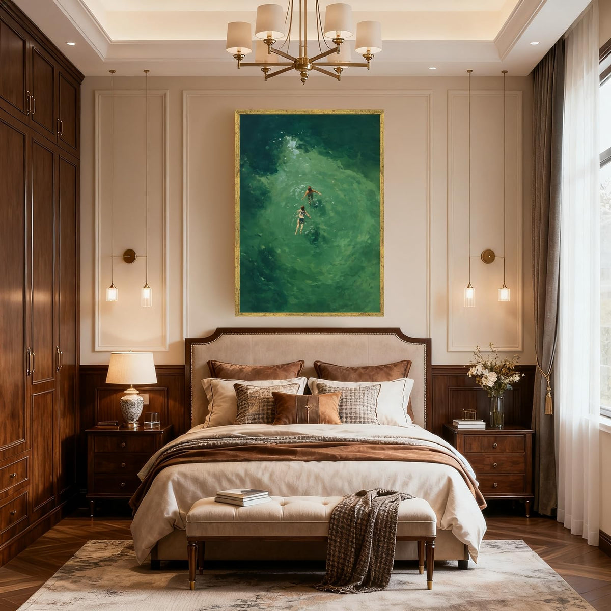 Gold Framed Swimmers Wall Art Swimming in Green Abstract Canvas Poster Aerial View Summer Ocean Painting Print Minimalist Relaxing Coastal Artwork for Bedroom Beach House Decor 8x12inch (8"L x 12"W / Swim - Gold Frame)