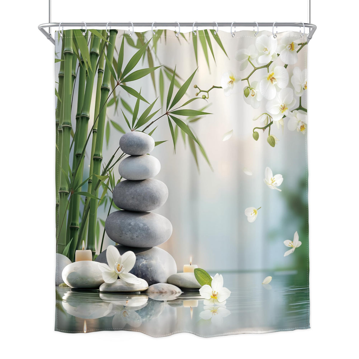 Zen Stone Meditation Shower Curtain Green Bamboo 60Wx72H Inch Decor (Zen01 / 60"W x 72"L (Pack of 1))