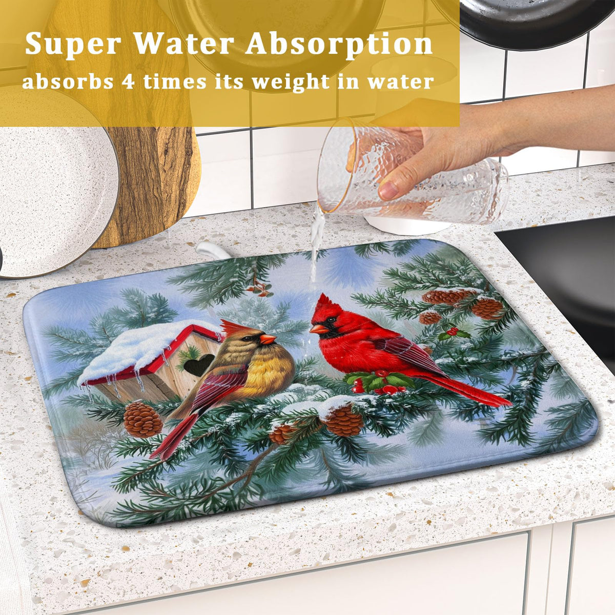 Winter Red Cardinal Bird Dish Drying Mat for Kitchen Counter (Red Bird / 16" x 18")