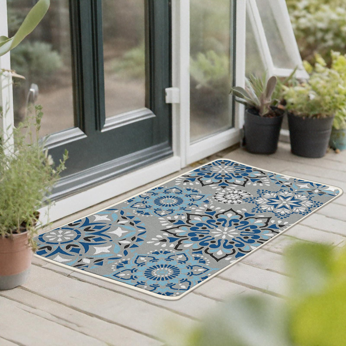 Boho Mandala Floral Grey Kitchen Rugs Set of 2 (Blue Vintage)